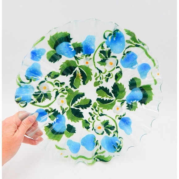 Sydenstricker Blue Strawberry Fused Glass Plate Bowl Ruffled Edge 2 PC Signed - Picture 4 of 11
